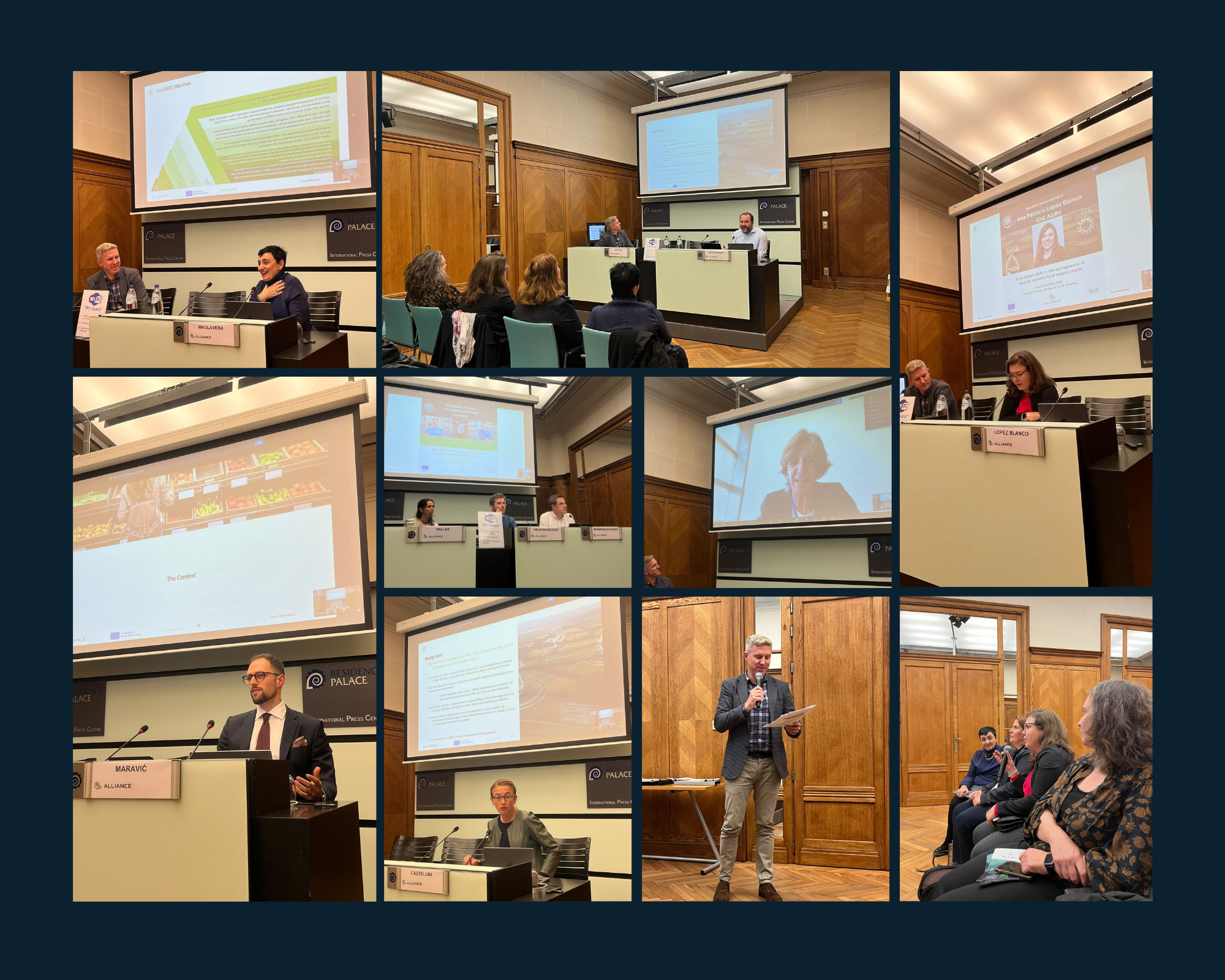 A selection of pictures from various moments of the conference, showing various speakers and some audience members. The room has wood panellled walls and a big screen displaying presentations above the speakers' table.