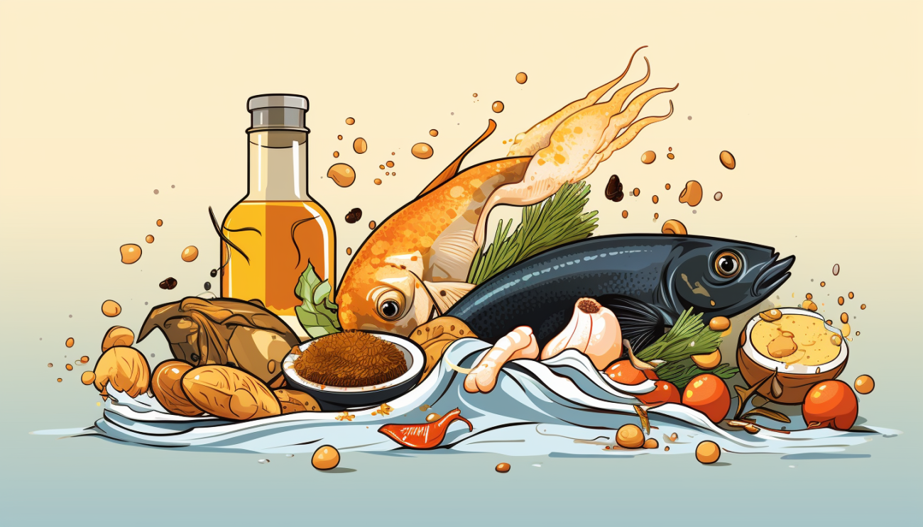 Drawing of various food items, including fish and oil (image generated from Midjourney v5)
