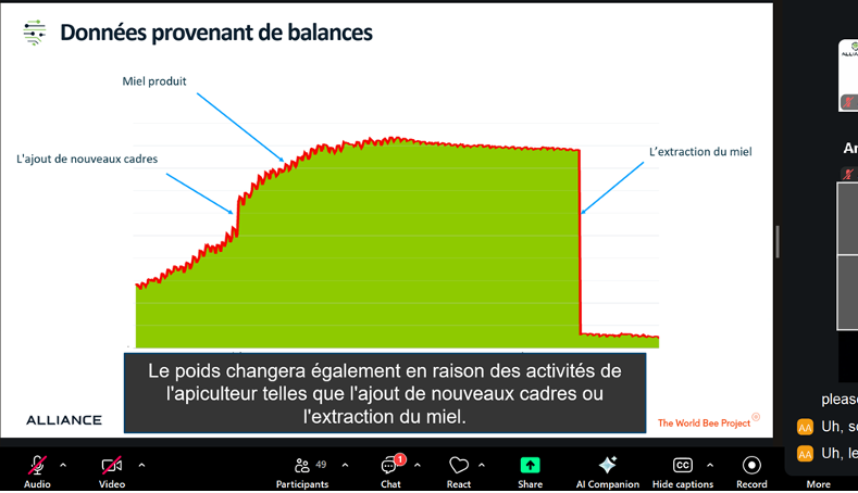 A screenshot from the French workshop. A slide on data is shared on the main screen. The participant counter shows 49 attendees, and there is one chat message.